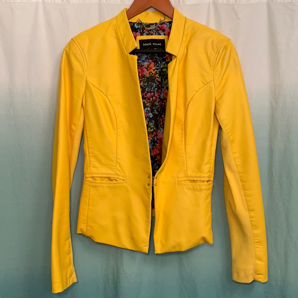 Black Rivet-size S, yellow, faux leather jacket